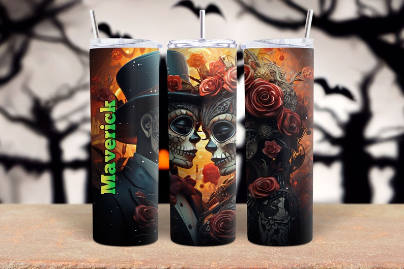 Sugar Skull Couple Personalized Halloween Glow Tumbler with Straw Big Glow in the Dark Halloween Tumbler Halloween 2023 image 9