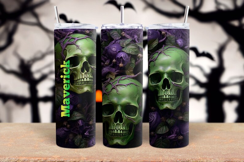 The Skulls Personalized Halloween Glow Tumbler with Straw Big Glow in the Dark Halloween Tumbler Halloween 2023 image 7