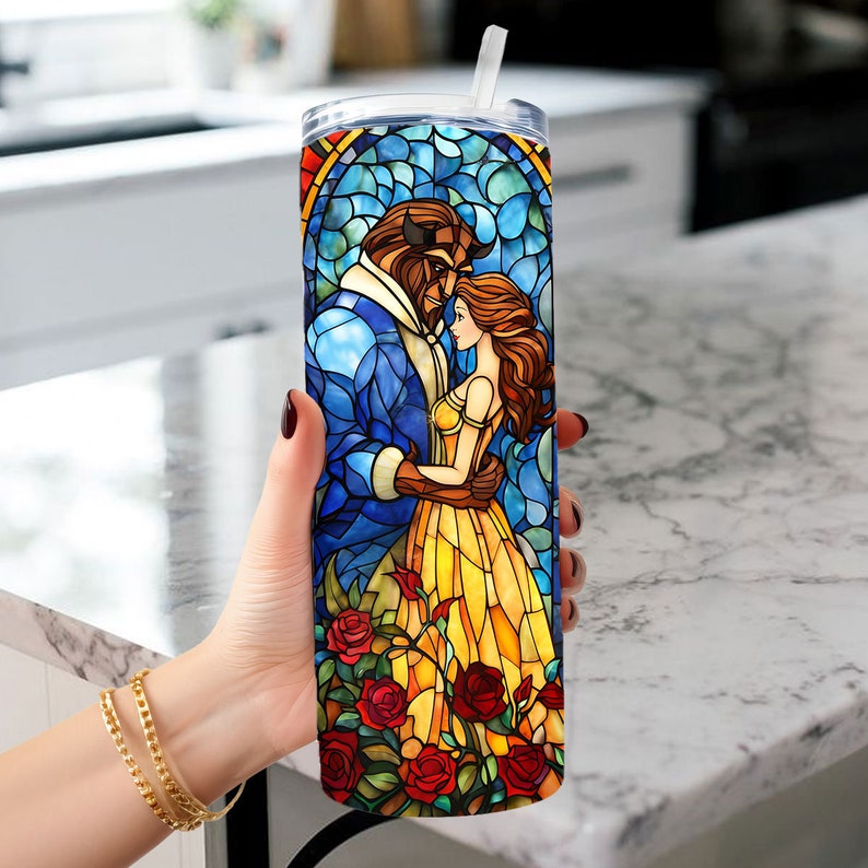 Beauty and the Beast Stained Glass Tumbler with Straw v2 Princess Tumbler Beauty Beast Decor Personalized Belle and Beast Tumbler image 8