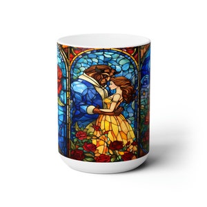 Beauty and the Beast Stained Glass 15 Oz Coffe Mug Bookish Rose Mug Gift for her coffee cup Unique Mothers Day Gift image 1