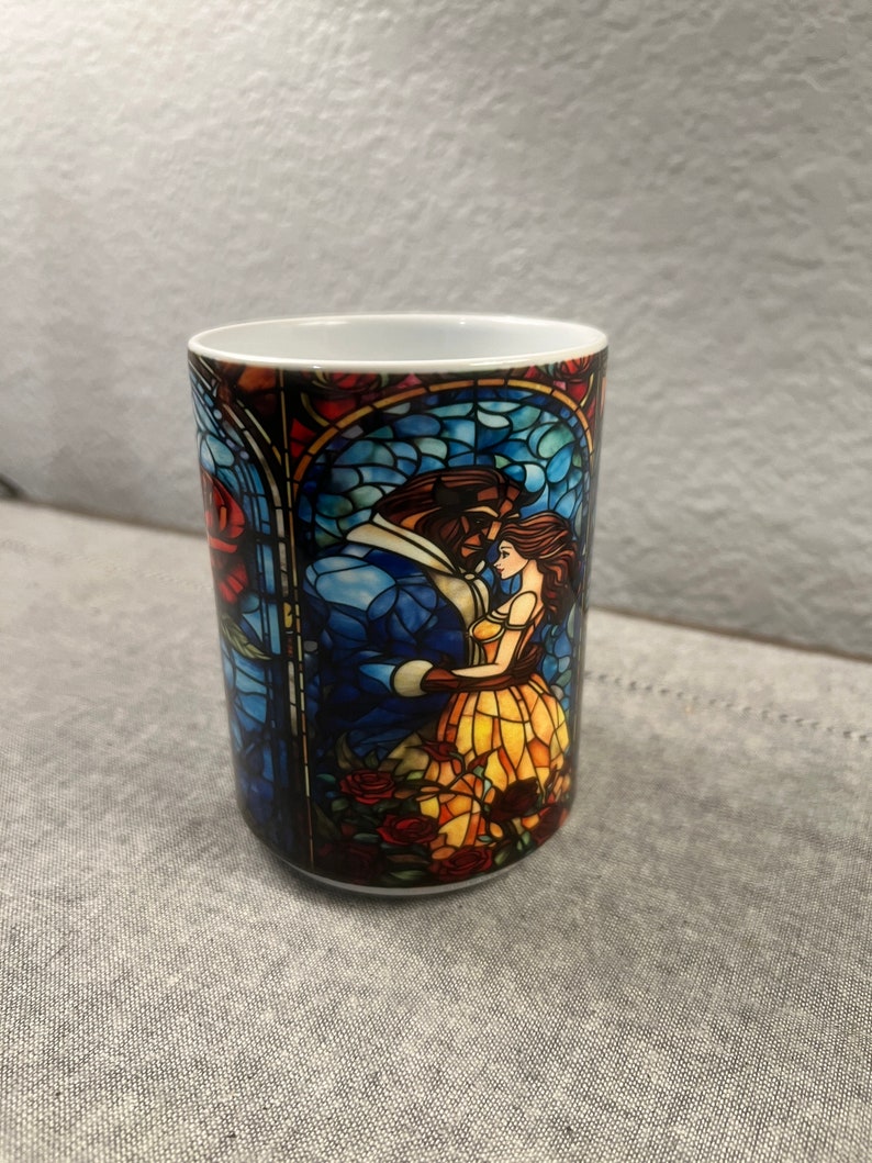 Beauty and the Beast Stained Glass 15 Oz Coffe Mug Bookish Rose Mug Gift for her coffee cup Unique Mothers Day Gift image 5