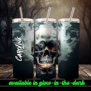 Smoking Skull Personalized Halloween Glow Tumbler with Straw Big Glow in the Dark Halloween Tumbler Halloween 2023 image 7