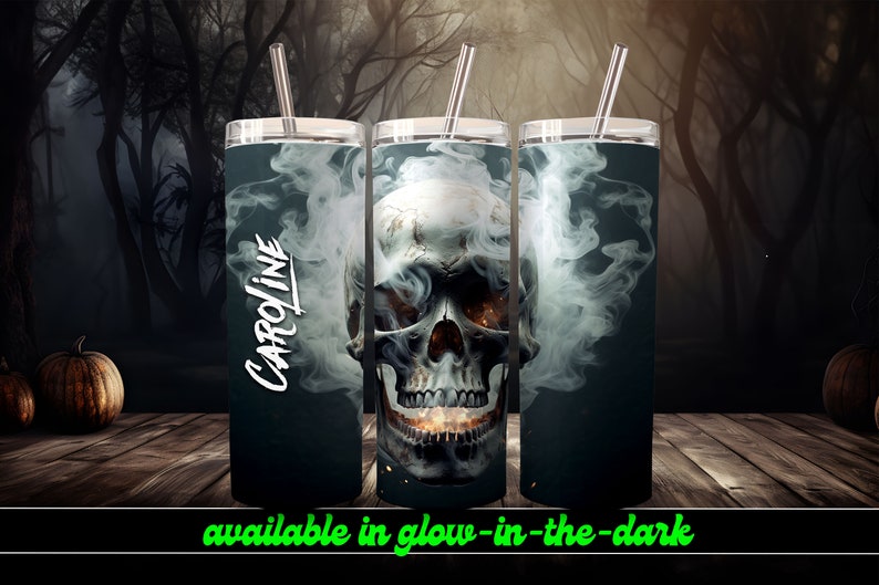 Smoking Skull Personalized Halloween Glow Tumbler with Straw Big Glow in the Dark Halloween Tumbler Halloween 2023 image 7