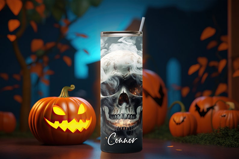 Smoking Skull Personalized Halloween Glow Tumbler with Straw Big Glow in the Dark Halloween Tumbler Halloween 2023 image 4
