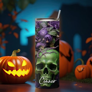 The Skulls Personalized Halloween Glow Tumbler with Straw Big Glow in the Dark Halloween Tumbler Halloween 2023 image 4