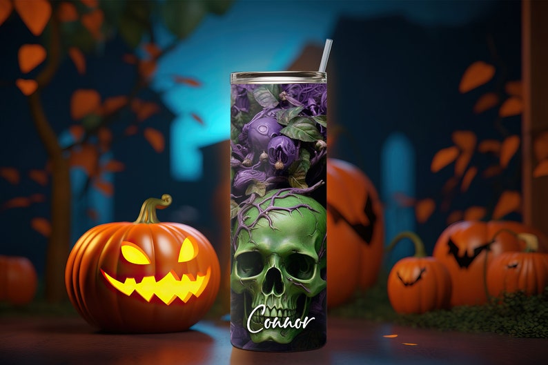 The Skulls Personalized Halloween Glow Tumbler with Straw Big Glow in the Dark Halloween Tumbler Halloween 2023 image 4