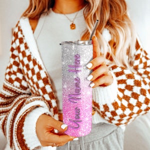 Pink and Silver Personalized Hombre Glitter Tumbler 20oz Skinny Tumbler Gift for Her Customized Tumbler with Straw image 6