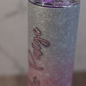 Pink and Silver Personalized Hombre Glitter Tumbler 20oz Skinny Tumbler Gift for Her Customized Tumbler with Straw afbeelding 3
