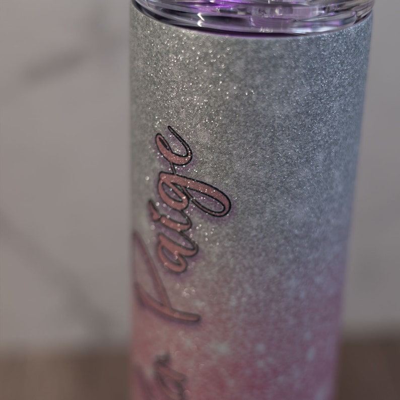 Pink and Silver Personalized Hombre Glitter Tumbler 20oz Skinny Tumbler Gift for Her Customized Tumbler with Straw image 3