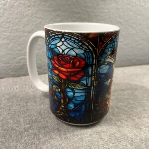Beauty and the Beast Stained Glass 15 Oz Coffe Mug Bookish Rose Mug Gift for her coffee cup Unique Mothers Day Gift image 7