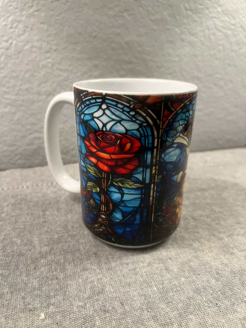 Beauty and the Beast Stained Glass 15 Oz Coffe Mug Bookish Rose Mug Gift for her coffee cup Unique Mothers Day Gift image 7