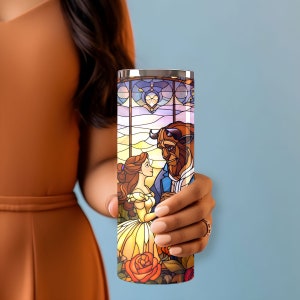 Beauty and the Beast Stained Glass Tumbler with Straw Princess Tumbler Beauty Beast Decor Personalized Belle and Beast Tumbler image 8