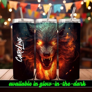 Fire Wolf Personalized Halloween Glow Tumbler with Straw Big Glow in the Dark Halloween Tumbler Halloween 2023 image 5