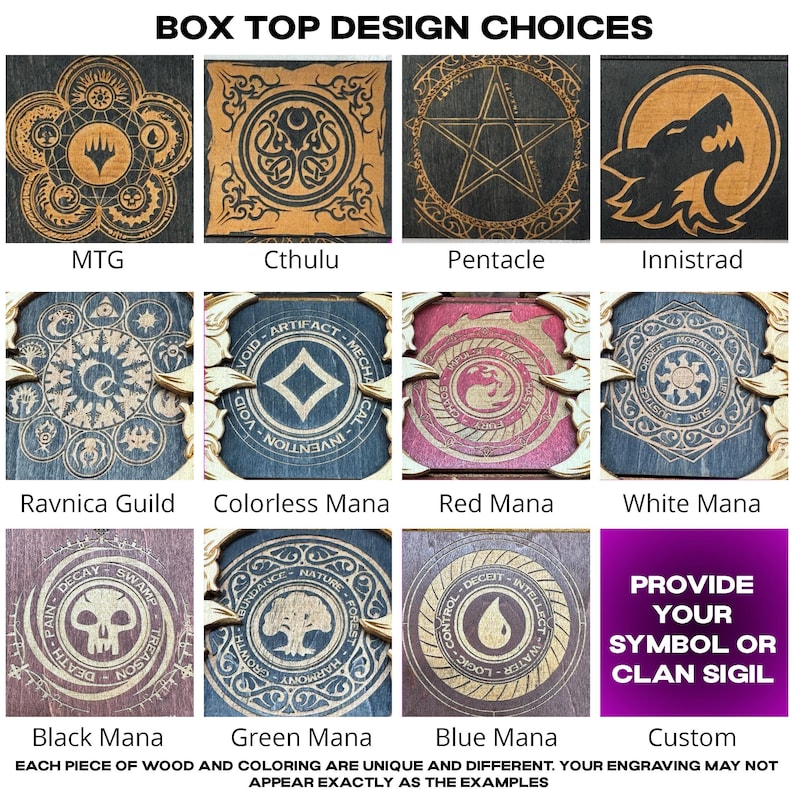 K&ouml;nnte beinhalten: Eine Collage verschiedener Designoptionen f&uuml;r den Deckel einer Holzkiste. Die Designs beinhalten eine Vielzahl von Symbolen und Bildern, wie z. B. einen Pentagramm, einen Wolf, einen Sch&auml;del und einen Baum. Der Text "PROVIDE YOUR SYMBOL OR CLAN SIGIL" ist ebenfalls im Bild enthalten.