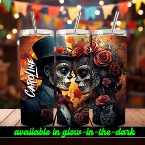 Sugar Skull Couple Personalized Halloween Glow Tumbler with Straw Big Glow in the Dark Halloween Tumbler Halloween 2023 image 4