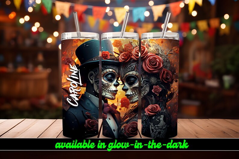 Sugar Skull Couple Personalized Halloween Glow Tumbler with Straw Big Glow in the Dark Halloween Tumbler Halloween 2023 image 4