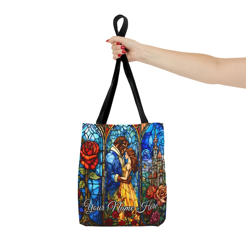 Personalized Beauty and the Beast Stained Glass Tote, Book Bag Gift, Belle Gift for Her, Bookish Gifts, Book Lover Gift, Cute Tote Bag image 2
