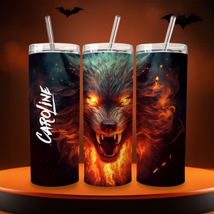 Fire Wolf Personalized Halloween Glow Tumbler with Straw Big Glow in the Dark Halloween Tumbler Halloween 2023 afbeelding 3