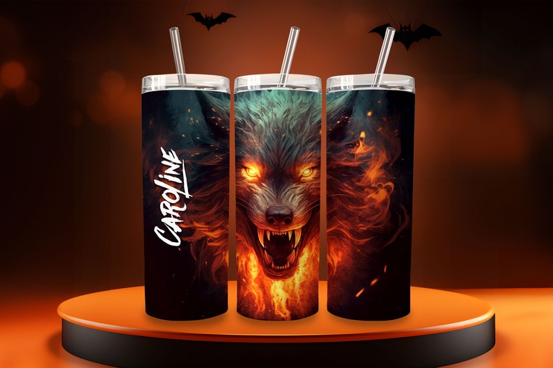 Fire Wolf Personalized Halloween Glow Tumbler with Straw Big Glow in the Dark Halloween Tumbler Halloween 2023 imagem 3