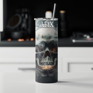 Smoking Skull Personalized Halloween Glow Tumbler with Straw Big Glow in the Dark Halloween Tumbler Halloween 2023 image 3