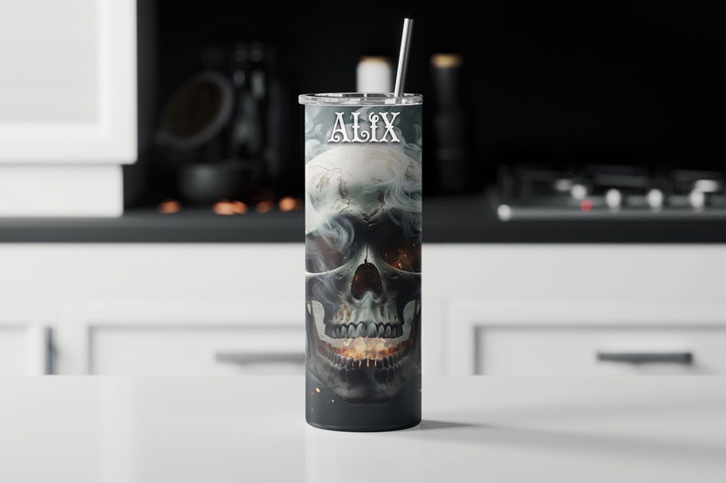 Smoking Skull Personalized Halloween Glow Tumbler with Straw Big Glow in the Dark Halloween Tumbler Halloween 2023 image 3