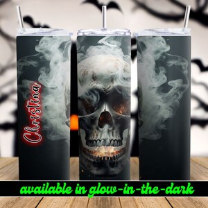 Smoking Skull Personalized Halloween Glow Tumbler with Straw Big Glow in the Dark Halloween Tumbler Halloween 2023 image 8