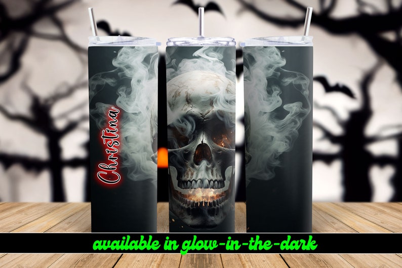 Smoking Skull Personalized Halloween Glow Tumbler with Straw Big Glow in the Dark Halloween Tumbler Halloween 2023 image 8