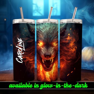 Fire Wolf Personalized Halloween Glow Tumbler with Straw Big Glow in the Dark Halloween Tumbler Halloween 2023 image 6