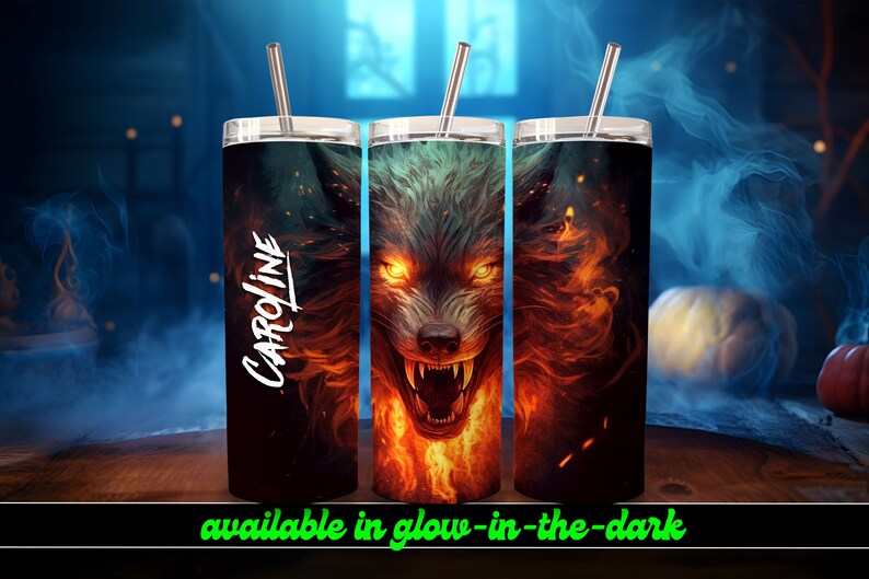Fire Wolf Personalized Halloween Glow Tumbler with Straw Big Glow in the Dark Halloween Tumbler Halloween 2023 imagem 6