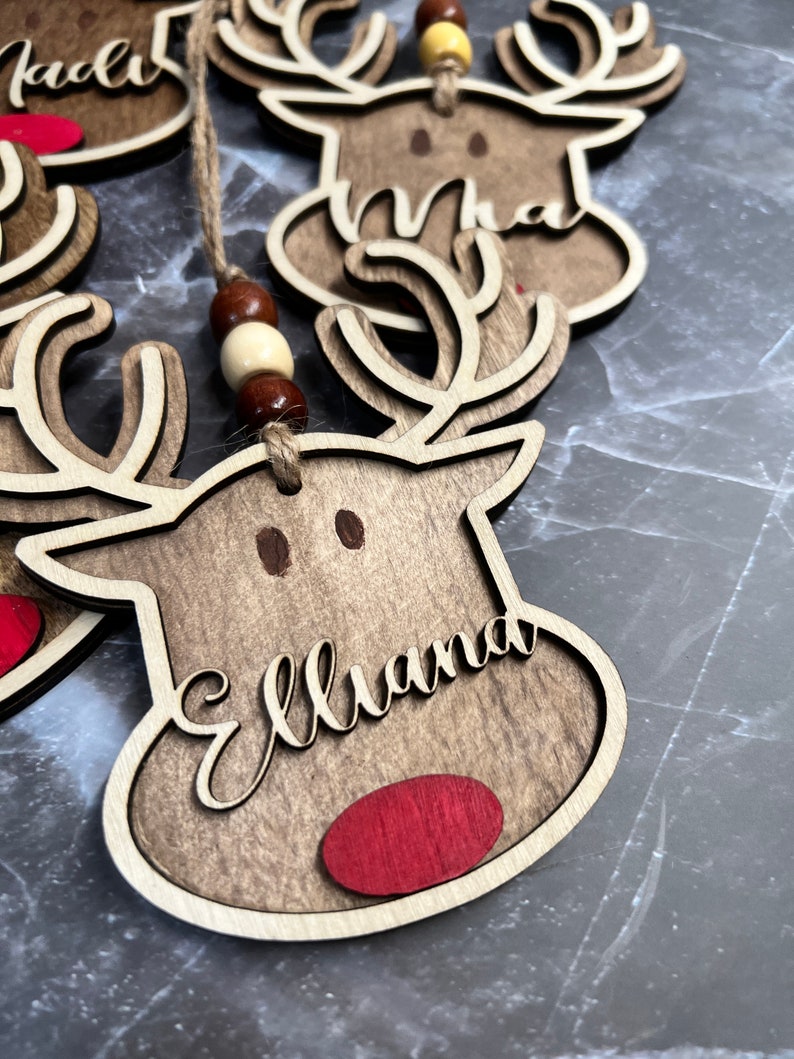 Personalized Reindeer Family Christmas Ornament, Wood Stocking Tags Personalized, Baby Christmas Ornament, Christmas Decoration image 2