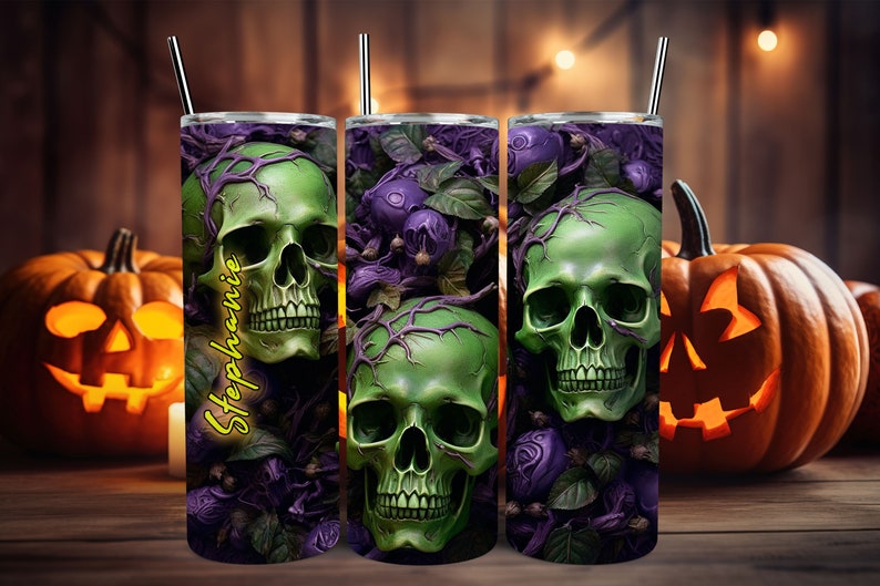 The Skulls Personalized Halloween Glow Tumbler with Straw Big Glow in the Dark Halloween Tumbler Halloween 2023 image 10