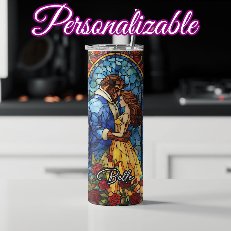 Beauty and the Beast Stained Glass Tumbler with Straw v2 Princess Tumbler Beauty Beast Decor Personalized Belle and Beast Tumbler image 3