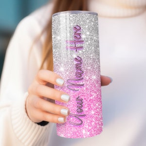 Pink and Silver Personalized Hombre Glitter Tumbler 20oz Skinny Tumbler Gift for Her Customized Tumbler with Straw image 10