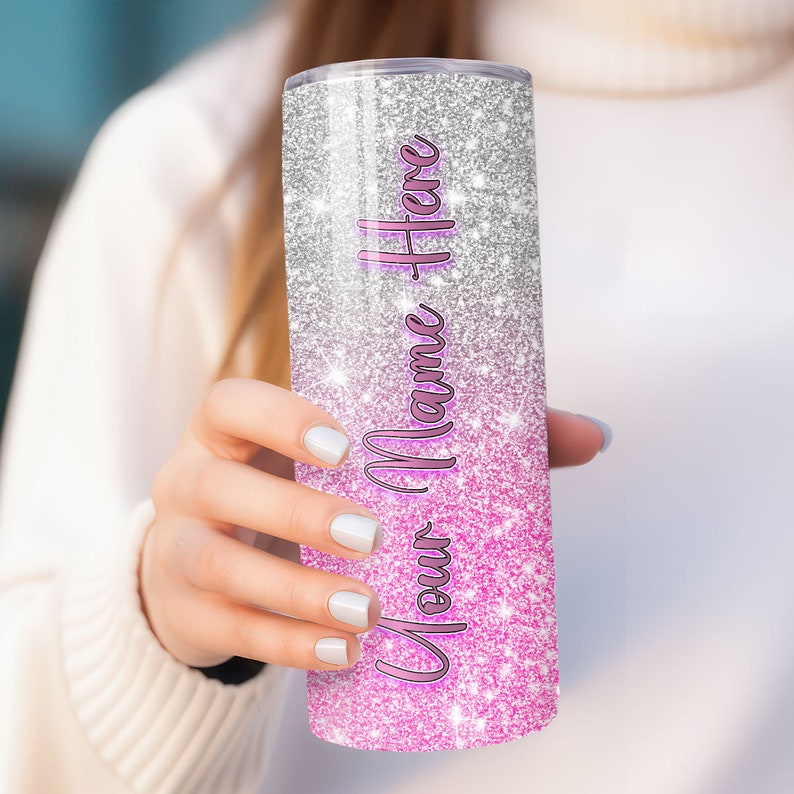 Pink and Silver Personalized Hombre Glitter Tumbler 20oz Skinny Tumbler Gift for Her Customized Tumbler with Straw image 10