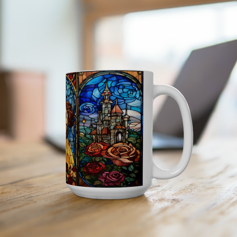 Beauty and the Beast Stained Glass 15 Oz Coffe Mug Bookish Rose Mug Gift for her coffee cup Unique Mothers Day Gift image 4