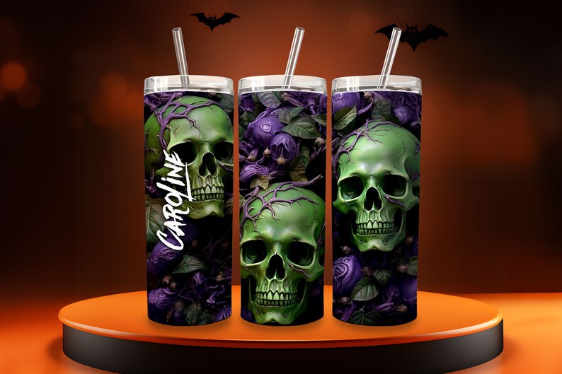 The Skulls Personalized Halloween Glow Tumbler with Straw Big Glow in the Dark Halloween Tumbler Halloween 2023 image 2