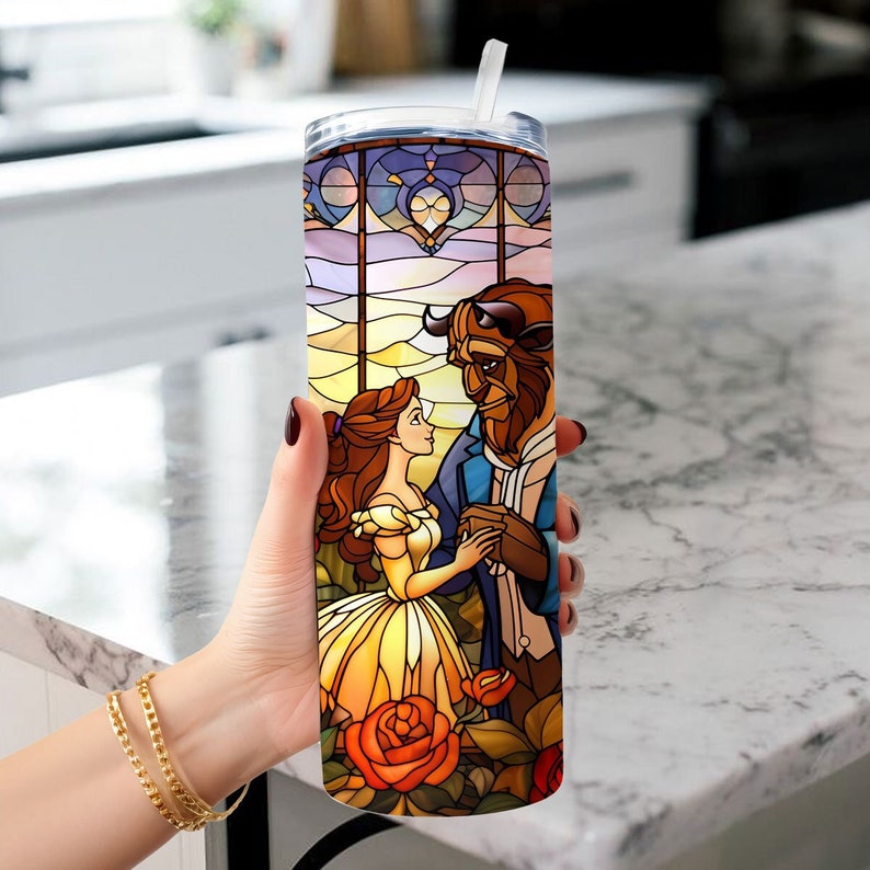 Beauty and the Beast Stained Glass Tumbler with Straw Princess Tumbler Beauty Beast Decor Personalized Belle and Beast Tumbler image 3