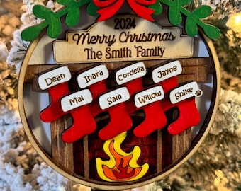 Fireplace Large Family Stocking Christmas Ornament | Family of 7 Personalized Christmas ornament | Family of 8 Christmas Ornament