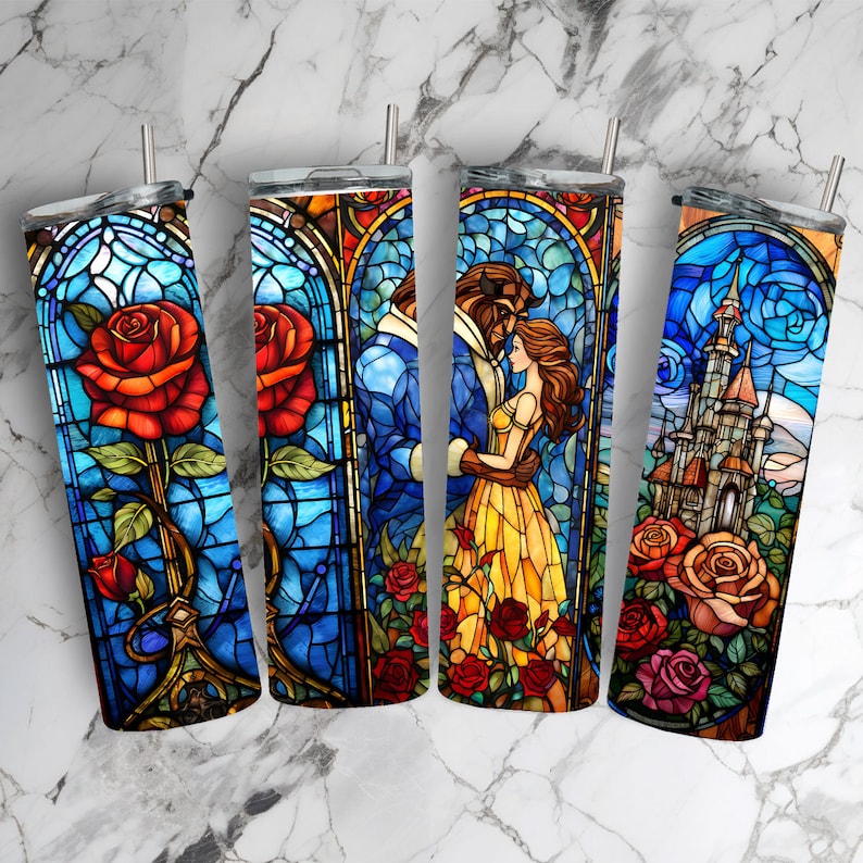 Beauty and the Beast Stained Glass Tumbler with Straw v2 Princess Tumbler Beauty Beast Decor Personalized Belle and Beast Tumbler image 4