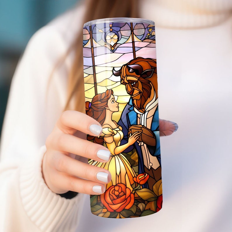 Beauty and the Beast Stained Glass Tumbler with Straw Princess Tumbler Beauty Beast Decor Personalized Belle and Beast Tumbler image 2