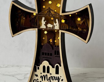 Handmade Nativity Cross, Wooden Shadowbox Scene