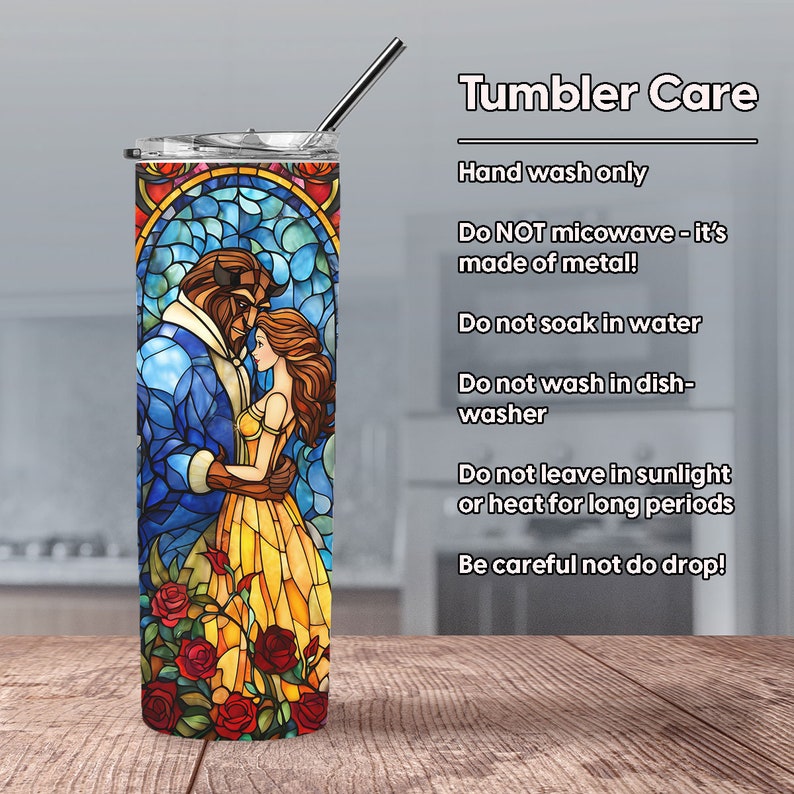 Beauty and the Beast Stained Glass Tumbler with Straw v2 Princess Tumbler Beauty Beast Decor Personalized Belle and Beast Tumbler image 10