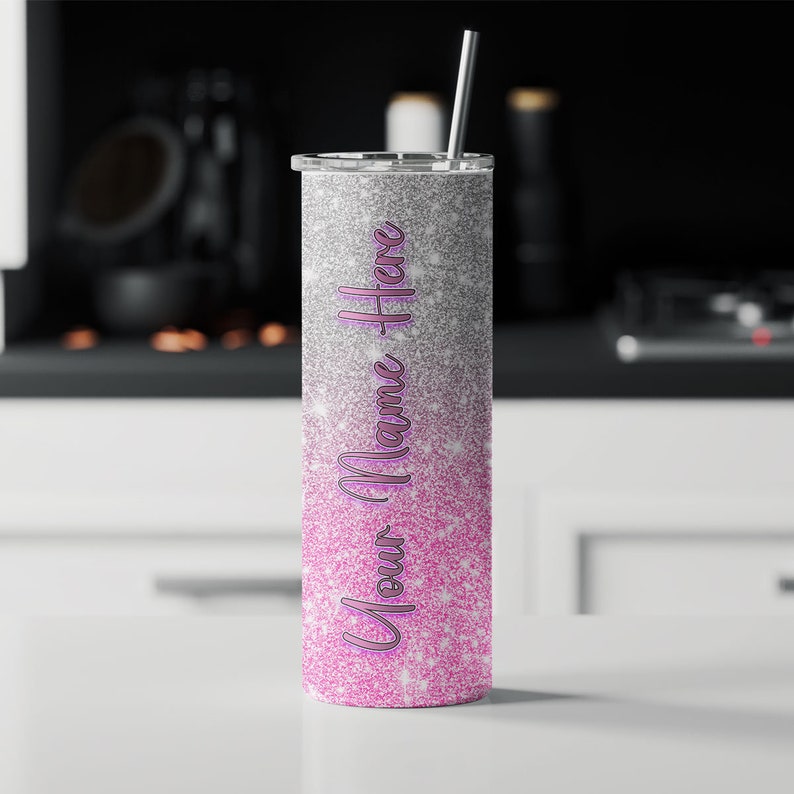 Pink and Silver Personalized Hombre Glitter Tumbler 20oz Skinny Tumbler Gift for Her Customized Tumbler with Straw image 4