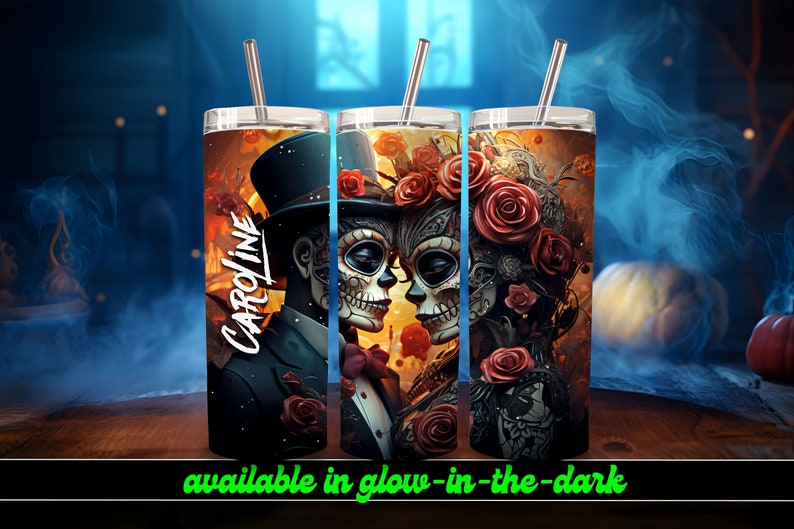 Sugar Skull Couple Personalized Halloween Glow Tumbler with Straw Big Glow in the Dark Halloween Tumbler Halloween 2023 image 1