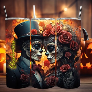 Sugar Skull Couple Personalized Halloween Glow Tumbler with Straw Big Glow in the Dark Halloween Tumbler Halloween 2023 image 5