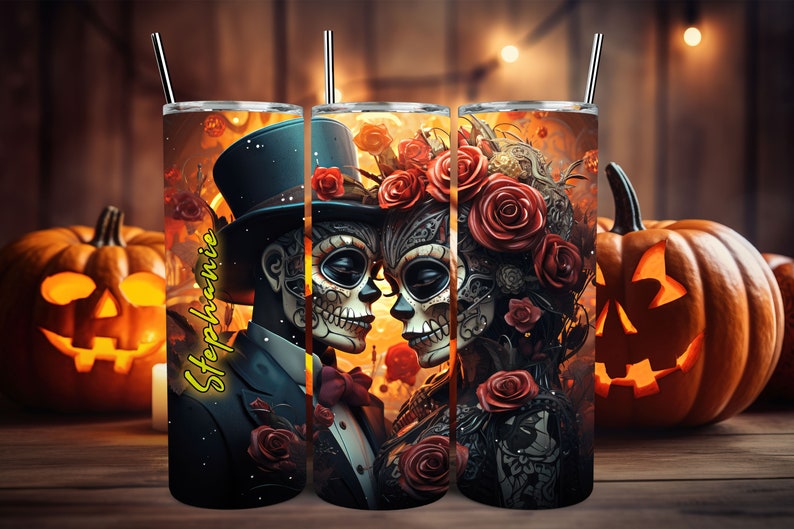 Couple de crânes de sucre personnalisé avec paille Grand gobelet d'Halloween phosphorescent Halloween 2023 image 5