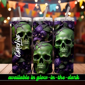 The Skulls Personalized Halloween Glow Tumbler with Straw Big Glow in the Dark Halloween Tumbler Halloween 2023 image 1