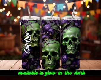 The Skulls Personalized Halloween Glow Tumbler with Straw - Big Glow in the Dark Halloween Tumbler | Halloween 2023