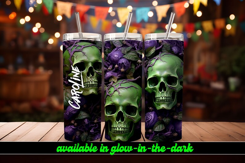 The Skulls Personalized Halloween Glow Tumbler with Straw Big Glow in the Dark Halloween Tumbler Halloween 2023 image 1