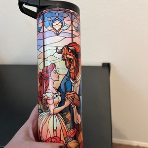 Beauty and the Beast Stained Glass Tumbler with Straw Princess Tumbler Beauty Beast Decor Personalized Belle and Beast Tumbler image 4